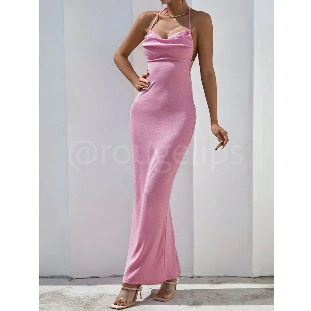 Glitter Lurex Pink Cowl Neck Backless Tie Straps Maxi Long Dress - Picture 4 of 10